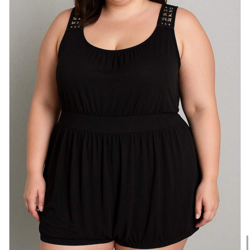 Plus Size Stretchy 3X Black Rouche Tank Top Studded Faux Leather Straps